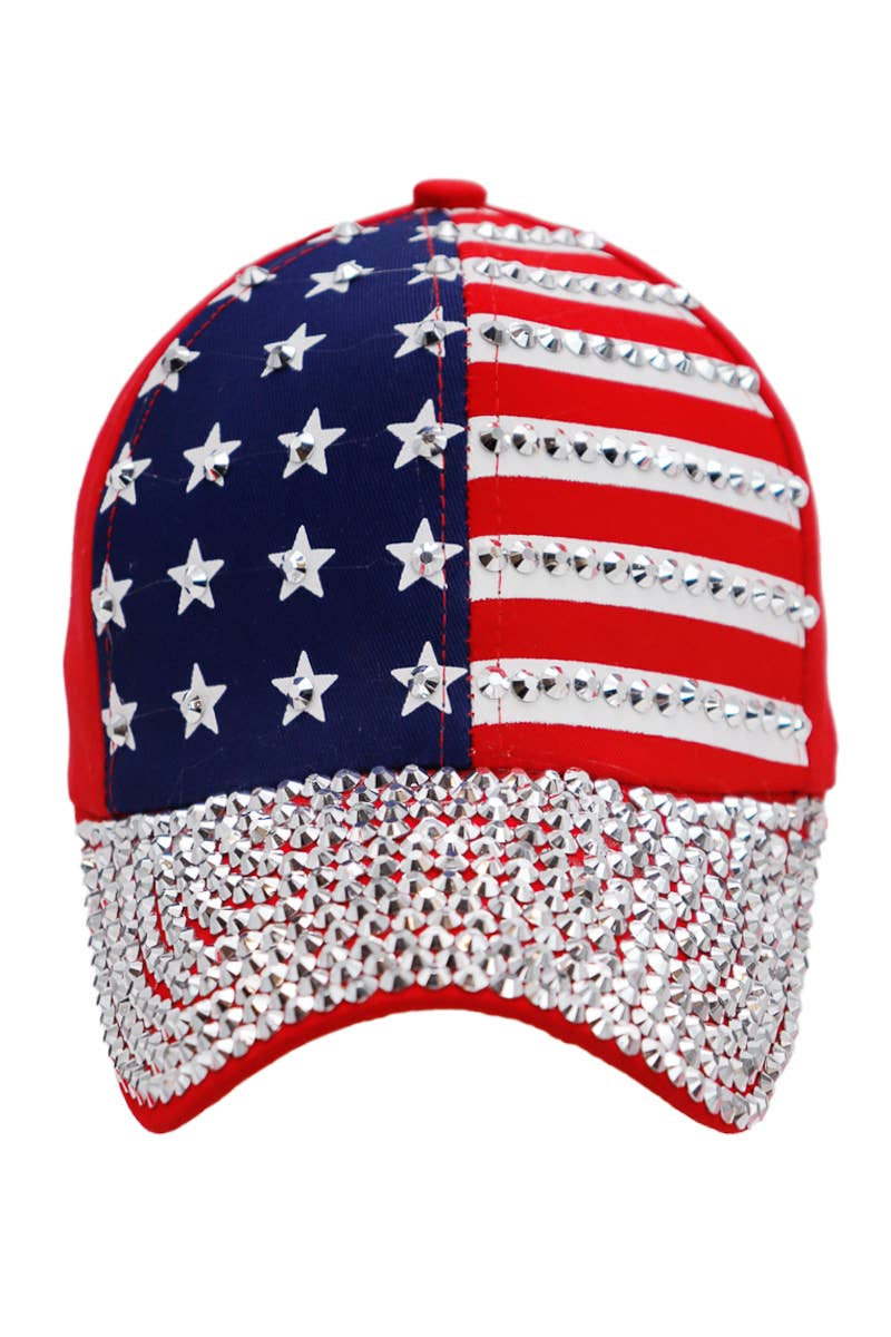 American Flag Stripe Bling Rhinestone Red Baseball Cap