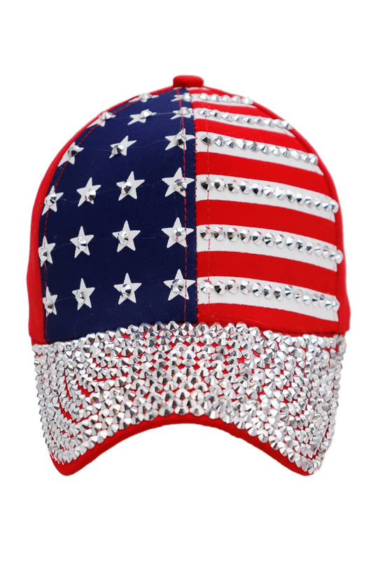 American Flag Stripe Bling Rhinestone Red Baseball Cap
