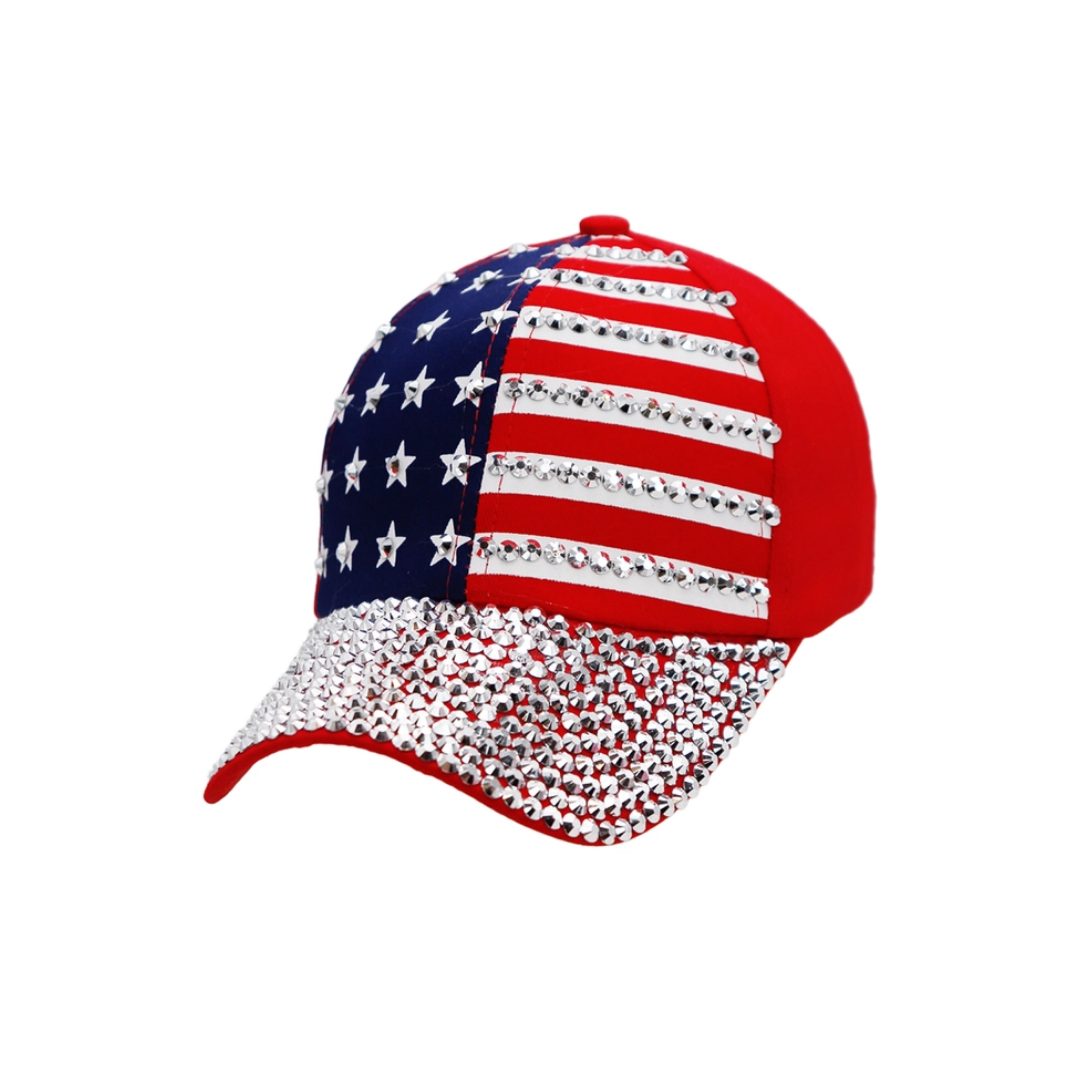 American Flag Stripe Bling Rhinestone Red Baseball Cap