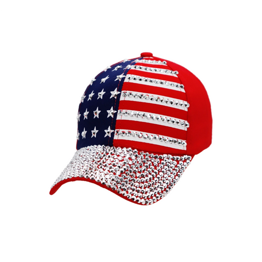 American Flag Stripe Bling Rhinestone Red Baseball Cap